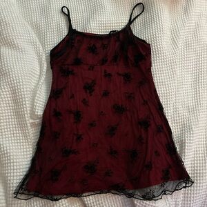 Source Unknown Red and Black Chemise with Lace Overlay